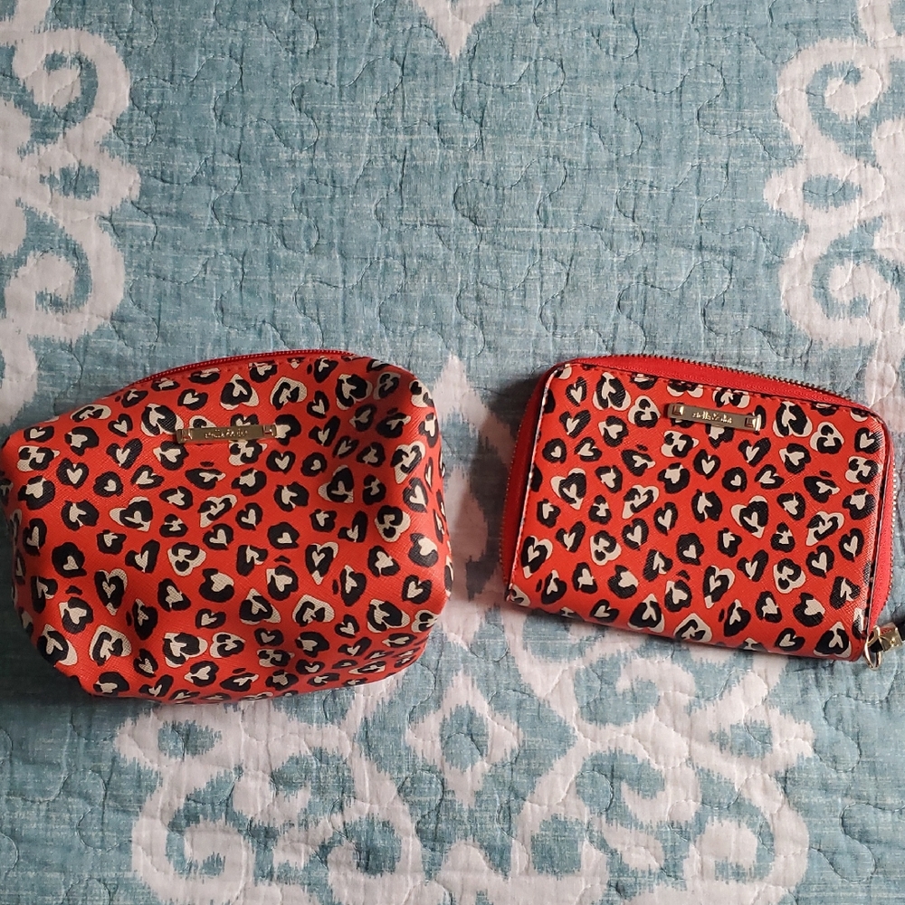 Stella And Dot Leopard Print Cosmetic Poof And Wallet Set